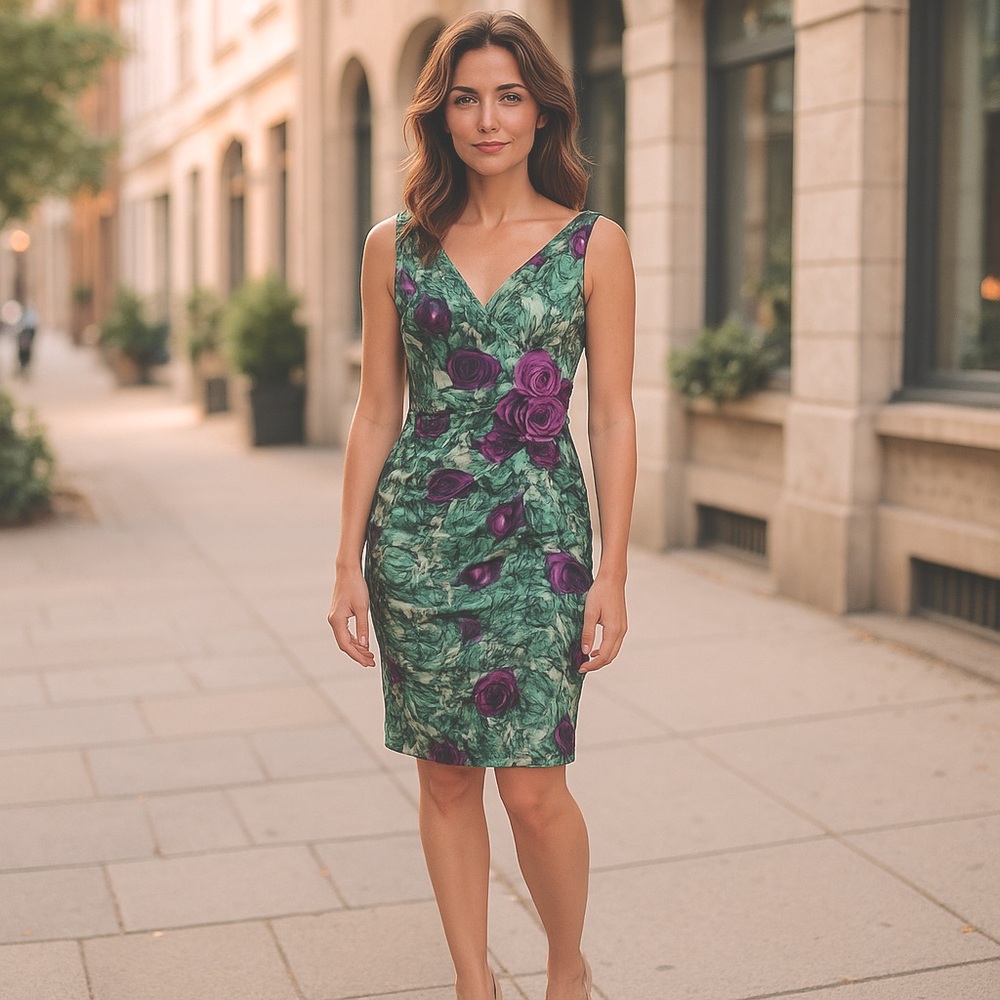 Nanette Lepore Silk Green & Purple Floral Print Sleeveless Dress  with Ruching 4